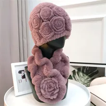 New Women Winter Luxury FLower Rose Real Rex Rabbit Fur Hat Scarf 2 Pieces Knitted Fur Hats Top Natural Fox Fur Caps Wraps Sets