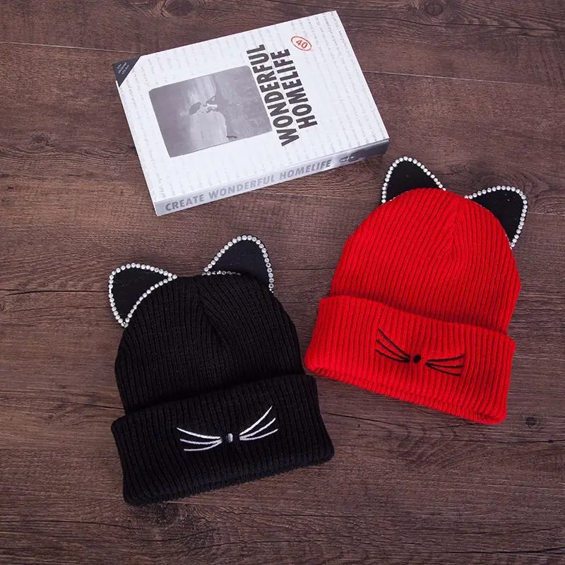 

Rhinestone Cat Ear Hat Women Winter Cap Knitted Wool Solid Color Beanie Female Casual Crochet Warm Beanies