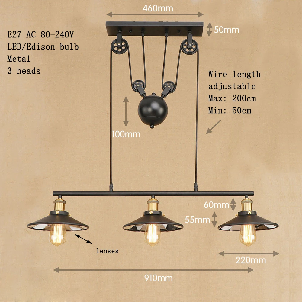 Лофт ретро подвесные черные подвесные лампы E27 светодиодный подвесной светильник регулируемый винтажный шкив для гостиной ресторана спальни