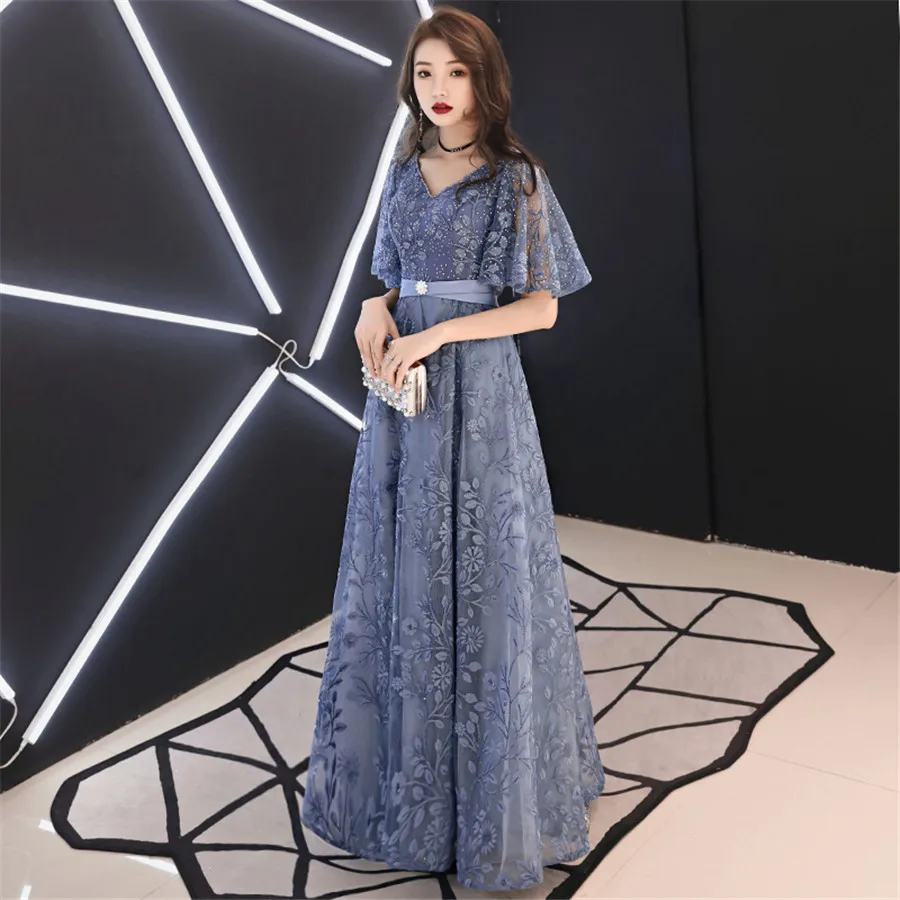 It's Yiiya Evening Dresses Long V-neck Embroidery Lace Formal Dress For Women Plus Size Short Sleeve robe de soiree E1398