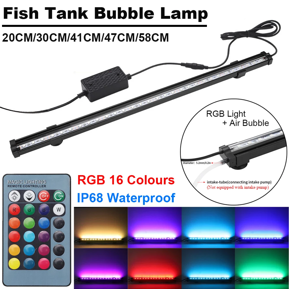 LED Aquarium Light 20-58CM RGB Waterproof Remote Control Air Bubble Lamp Underwater Submersible Oxygen Light for Fish Tank