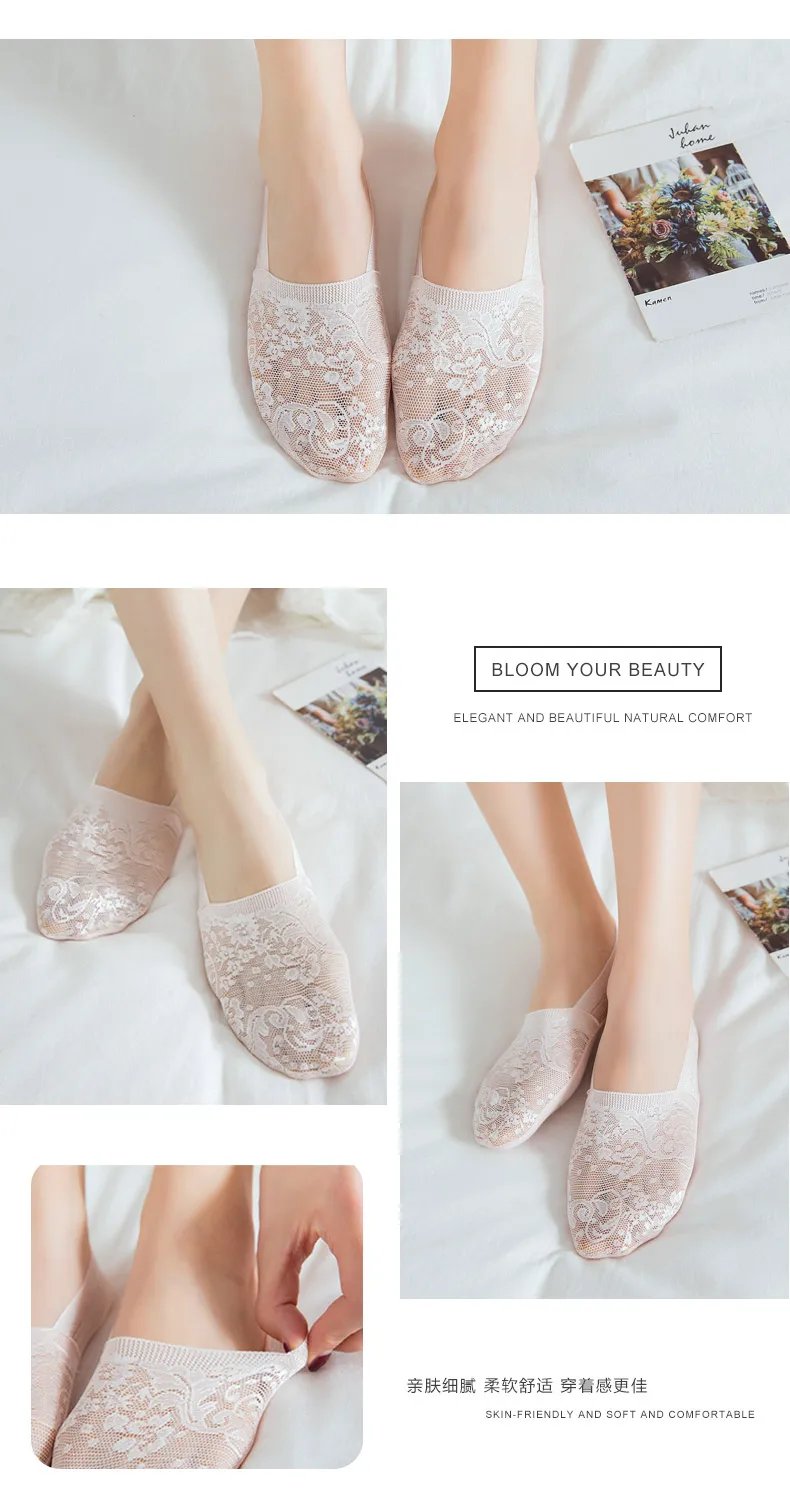 CXZD 2 Pairs Fashion Women Girls Summer Socks Style Lace Flower Short Sock Antiskid Invisible Ankle Socks 2019 (28)