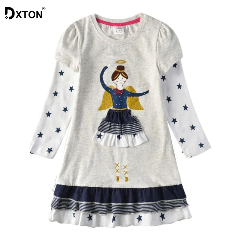 DXTON/платье для девочек с длинными рукавами; зимнее детское платье для девочек; принт со звездой; пэчворк; коллекция года; Повседневное платье для малышей; хлопковая одежда для детей