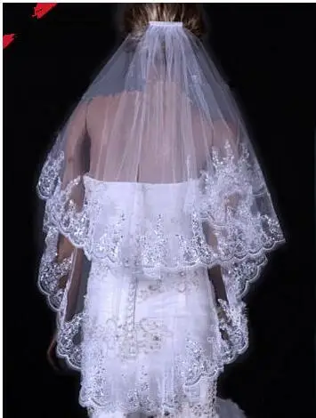 Wedding Veils 2 Layer Lace Applique Edge With Beads Rhinestones Bridal Accessories