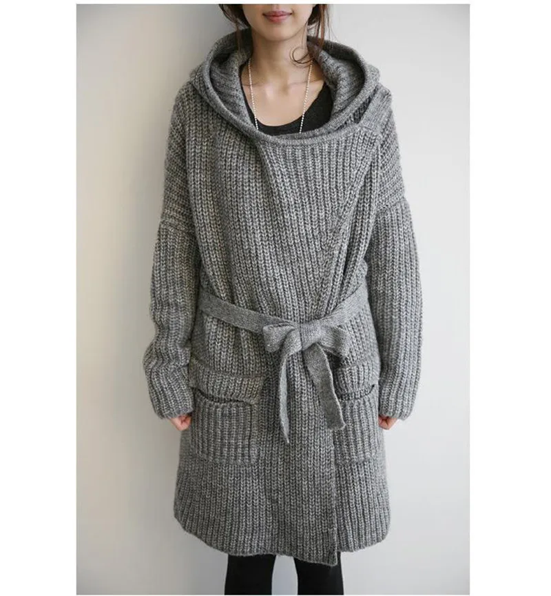 Ladies Woolen Jacket Coat Autumn Winter Casual Knitted Warm Thick Long Coat Outwear Female Women Hooded Overcoat Hoodies