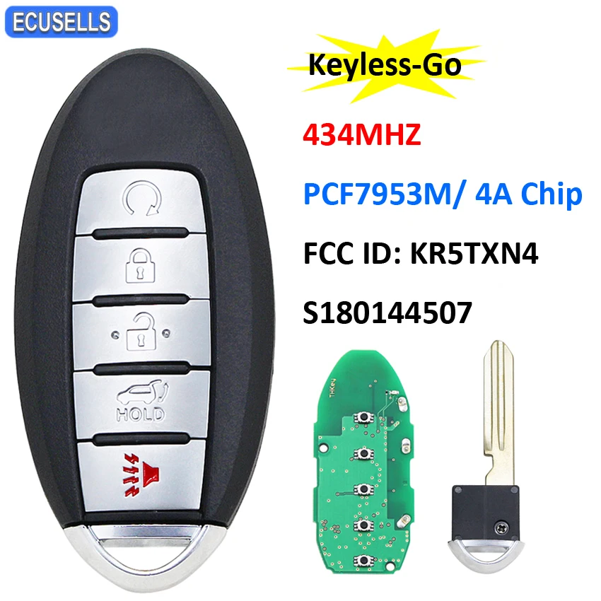 Keyless-Go FSK 434MHz Smart Remote Key (SUV) PCF7953M HITAG AES 4A Chip FCC ID: KR5TXN4 S180144507 NSN14 Blade For Nissan Rogue |