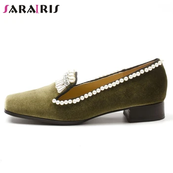 

SARAIRIS Office Female Spring Autumn Shoes Woman Pearl Square Toe Slip On High Heel Shallow Pumps Women Crystal Casual Pumps