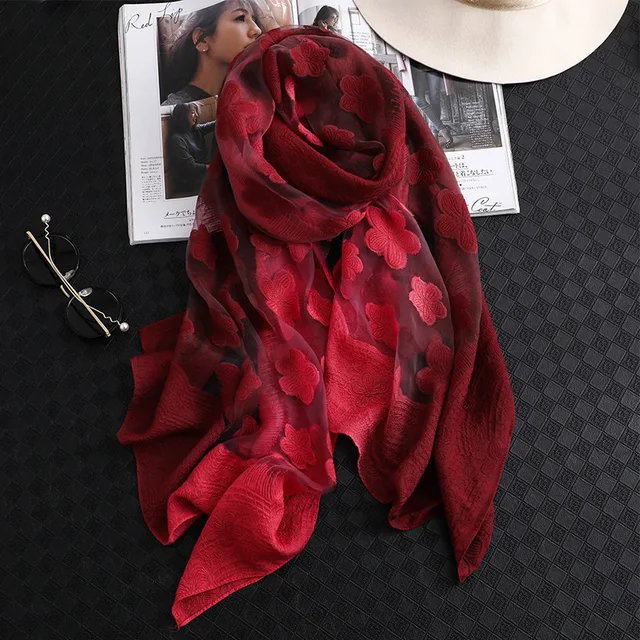 2024 NEW Fashion Women Cut Flowers Hollow Lace Gradient Flower Silk Scarf Spring Shawls and Wraps Towel Femme Beach Sjaals 4