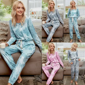 

Women's Long Sleeve Tie Dye Pajamas Set One Piece Jumpsuit Loose Sleepwear Rompers With Drawstring and Sashes