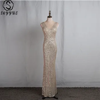 

Skyyue Formal Dress Beading High Collar Sequined Robe De Soiree Sleeveless Floor-Length Illusion Cut-out Eveing Gowns K065