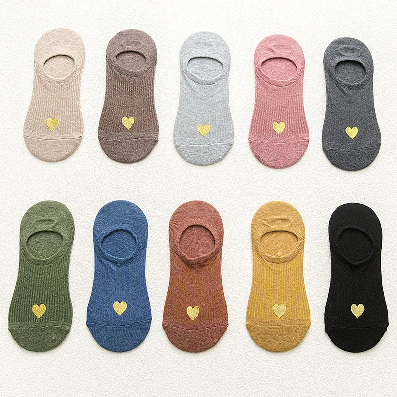 Spring And Summer New Style Short Socks Japanese-style Gold Lines Heart Embroidered WOMEN'S Invisible Socks Shallow Mouth WOMEN'