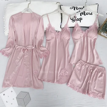 

Japanese Style Women Pajamas Sets Kimono Bridesmaid Wedding Robe Polyester Silk Breathable Sexy Lace Pyjamas Sleepwear Nightwear