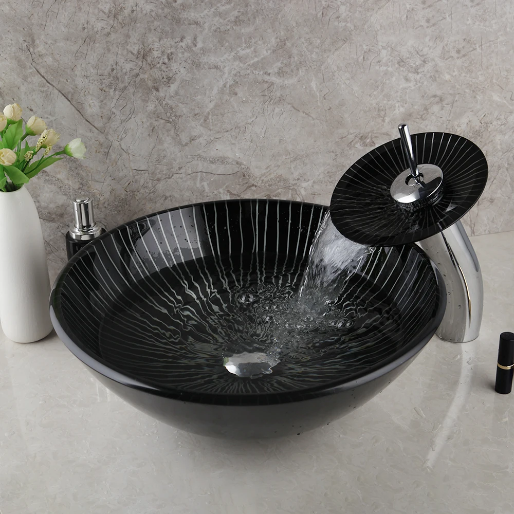 Basin Set B JIENI квадратная черная Ванная раковина умывальник набор для ванной кран смеситель художественный дизайн закаленное стекло ручная роспись водопад раковина кран - Цвет: Basin Set B