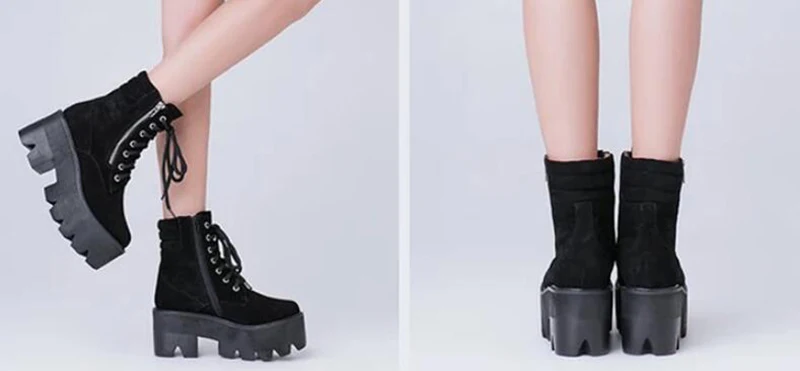 high heel women ankle boots round toe chunky platform shoes european black fall autumn short genuine leather suede british