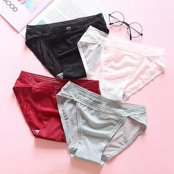 

2020 Women Lace Stitching Transparent Mesh Mid Waist Hip Shaping Briefs Sweet Sexy Panties Comfortable And Breathable