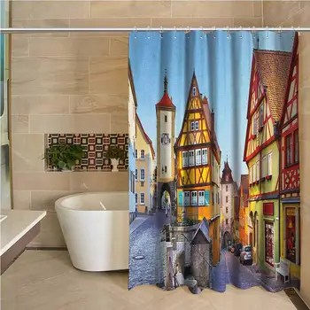 

German Odorless Waterproof Shower Curtain Rothenburg ob der Tauber Bavaria Germany Famous Street with Colorful Classic Houses