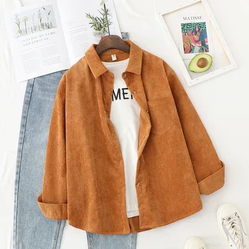 

Women Tops Corduroy Shirts Vintage Long Sleeve Blouse Casual Blusas Mujer Office Ladies Button Up Shirt Camisas Femininas Pocket