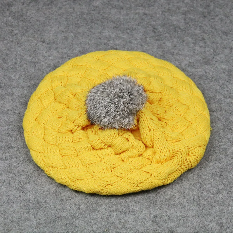 Yellow Geebro/детский вязаный теплый берет, шапка, одноцветная, громоздкая, зимние шапки, толстые шапки с помпоном из искусственного меха для девочек, зимние - Цвет: Yellow