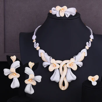 

LARRAURI 2020 Luxury Women Wedding Jewelry Sets Nigerian CZ Flower Collar Necklace Dangle Earrings Bangle Ring Jewelry Sets