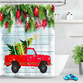 

Red Truck with Christmas Tree Bathroom Shower Curtain Set Waterproof Fabric 72"