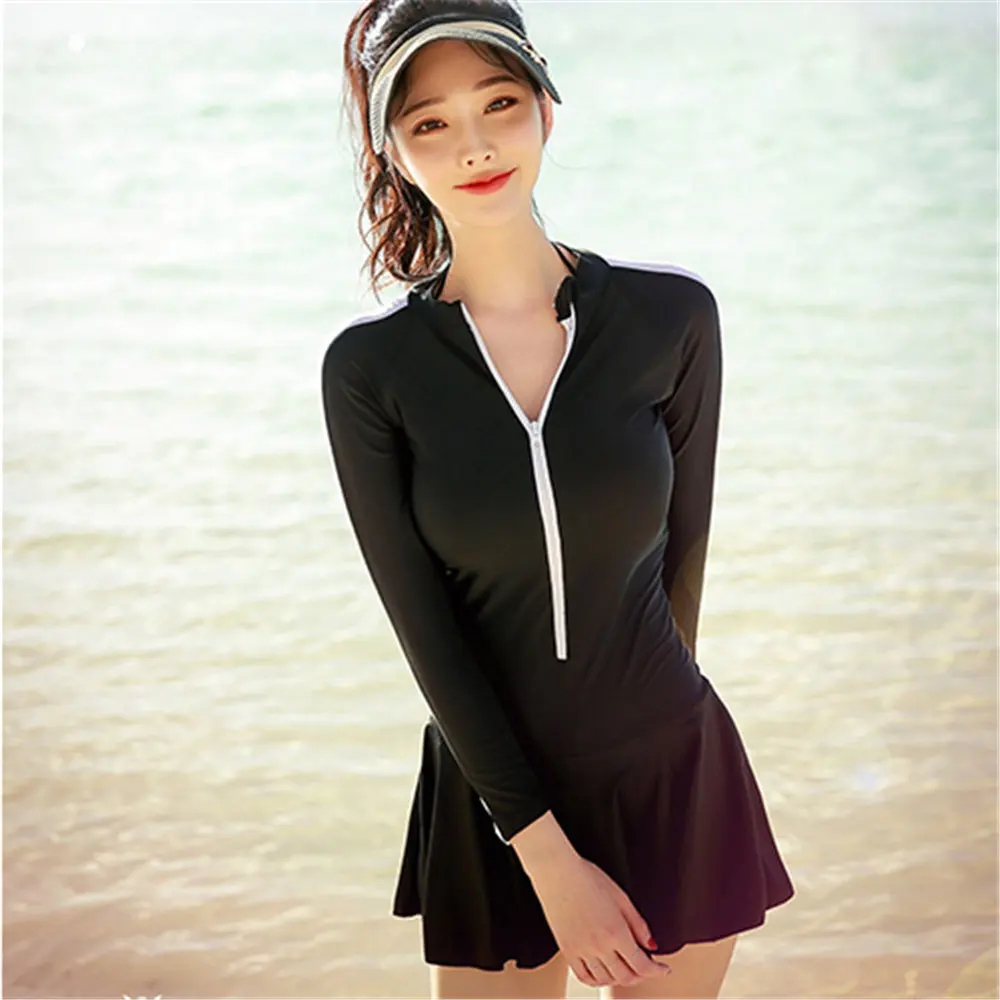 

Long Sleeve One Piece Swimsuit Women Skirted Rash Guard Solid Swimwear Zipper Monokini Push Up Swim Suit Shorts Surf Suit Pad