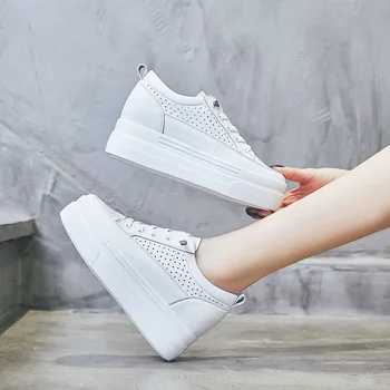 

Genuine leather thick bottom hollow running shoes summer new wild white inner increase sports shoes for women ZS-10