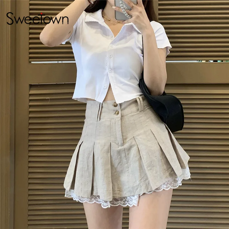 Sweetown Korean Fashion Khaki Short Skirt Lace Trim Cute Pleated Skirts
