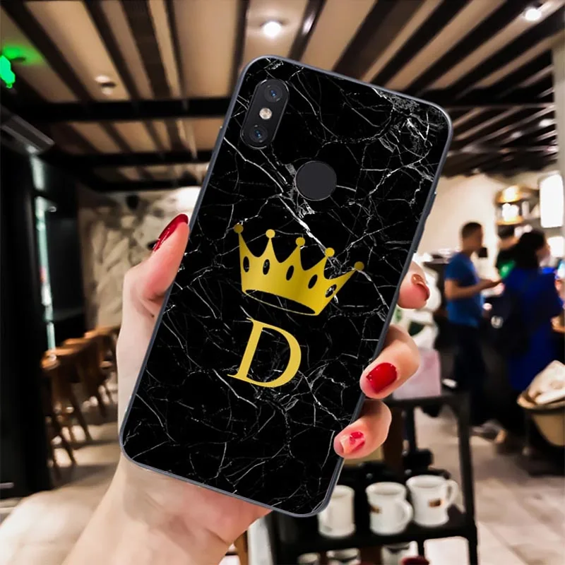 Custom name Letter Monogram Black Marble Gold crown 