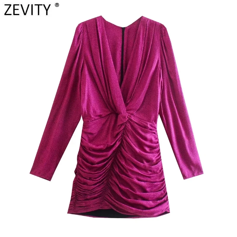 ZEVITY New Women Vintage Deep V Neck Dots Print Pleated Slim Mini Dress Female Chic Long Sleeve Back Zipper Party Vestido DS8929