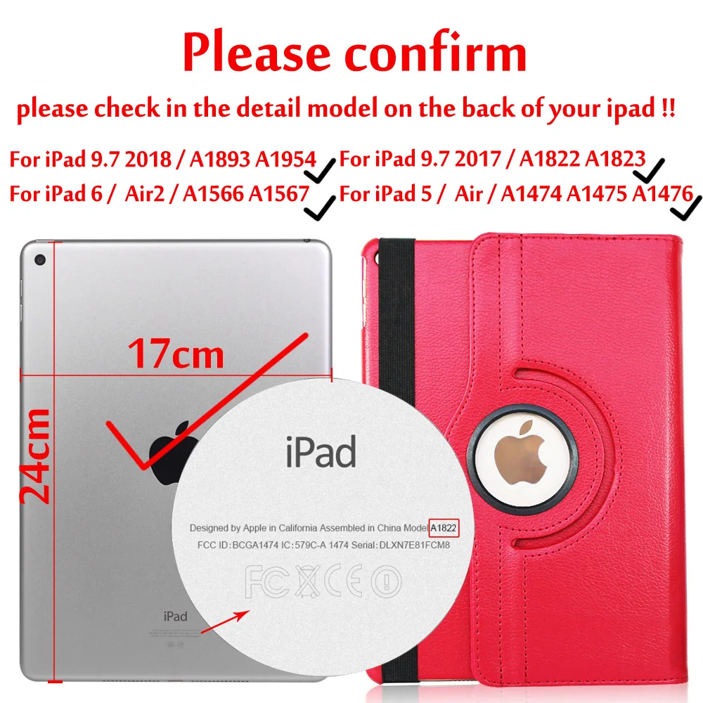 Чехол для iPad 9,7 360 вращения смарт-Авто Режим сна/Пробуждение обложка чехол для iPad 5/6/iPad Air/Air 2 чехол s - Цвет: Rotation Red