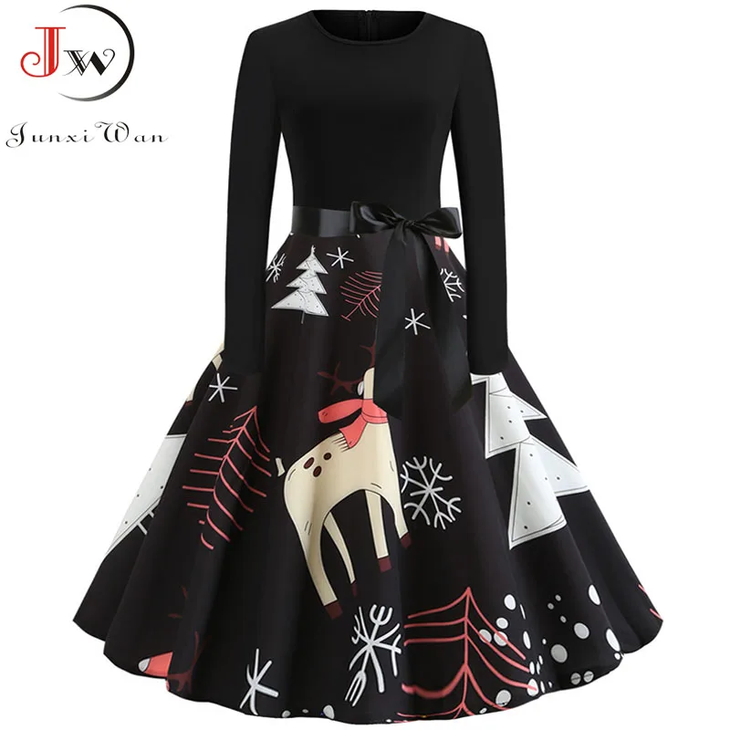 Женское рождественское платье размера плюс, зима, элегантное винтажное вечернее платье с длинным рукавом и черным принтом, женское платье - Цвет: 1364-005