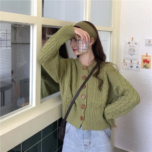 Moda feminina, осенний однобортный кардиган с длинными рукавами и круглым вырезом, повседневная стильная женская одежда, vetement femme - Цвет: Зеленый