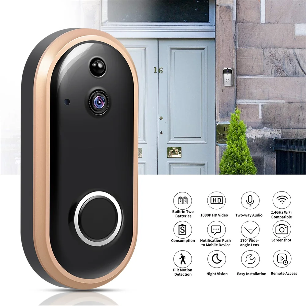 

WiFi Doorbell 1080P Security Camera with Two-Way Audio PIR Motion Detection IR Night Vision Wireless Doorbell Smart Home