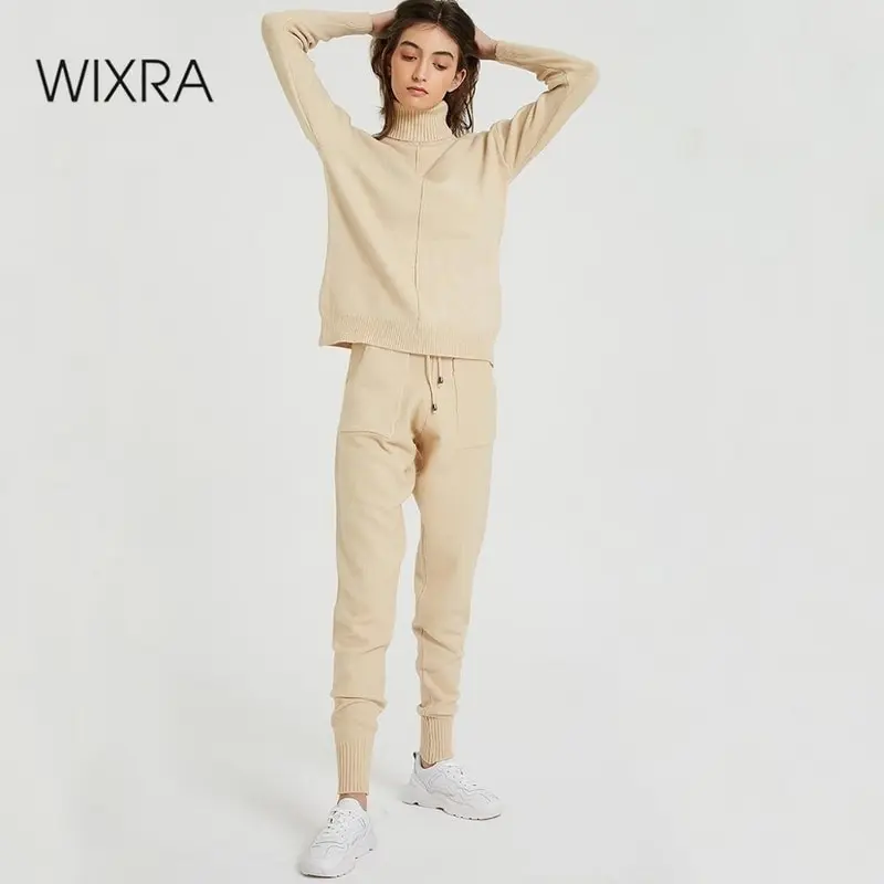 Permalink to Wixra Women’s Sweater Suits and Sets Turtleneck Full Sleeve Knitted +Pockets Long Trousers 2PCS Sets Winter Costume