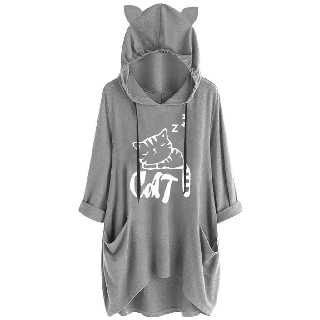 Hoody Women Casual Print Cat Ear Hooded Shirt Long Sleeve Pocket Irregular Blouse Female Tops Winter Sweatshirt Women#D8