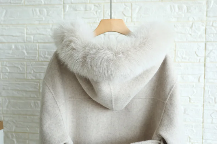 Роскошное двустороннее шерстяное кашемировое пальто с лисьим воротником; шерстяное пальто; сезон осень-зима года; женские пальто с капюшоном