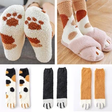 Новинка, милые забавные хлопковые носки для девочек-подростков коралловый флис, осенне-зимние теплые плотные прямые женские носки без пятки с когтями кошки