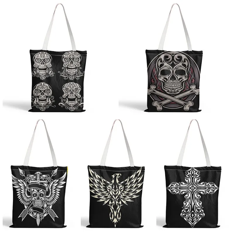 Punk Skull Style Shopping Bag Women Eco Friendly Reusable Shoulder Bag Feminine Foldable Canvas Sandy Beach Shopper Bag