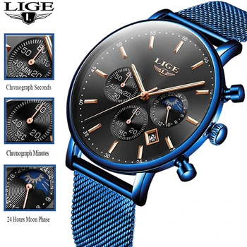 

LIGE New Mens Watches Top Brand Luxury Fashion Ultra Thin Blue Strap Quartz Watch Men Moon Phase Clock Calendar Waterproof Watch