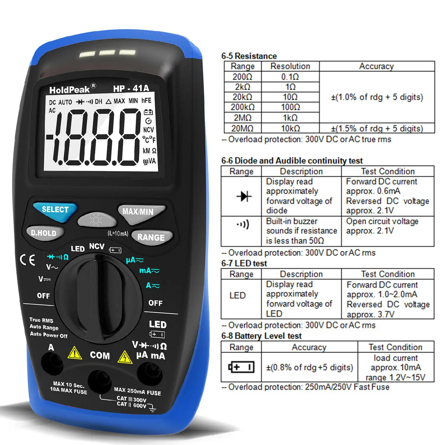 Цифровой мультиметр Holdpeak HP-41A Pro 200 в 10 А TrueRMS ток Бесконтактный индикатор