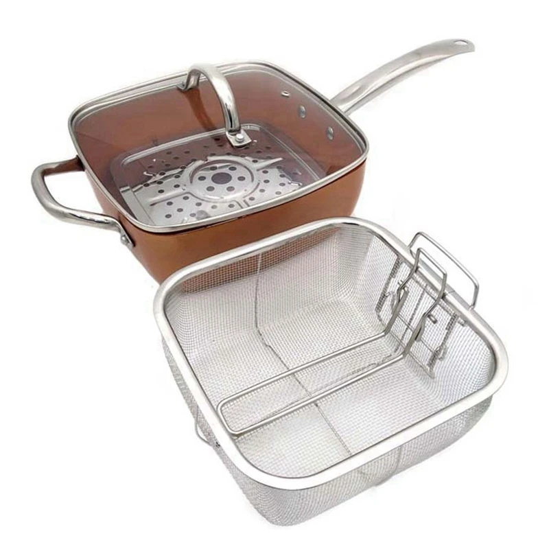 Copper Square Pan Induction Chef W/Glass Lid Fry Basket, Steam Rack 4 Piece Set, 9.5 Inches Used in Induction