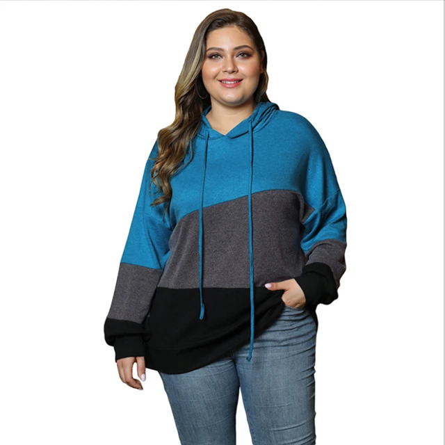 Fioncrow Women Plus Size Pullover Hoodie Colorblock Striped Long Sleeve Hooded Sweatshirt With Hood Autumn 2021 Women's Clothing blue hoodie