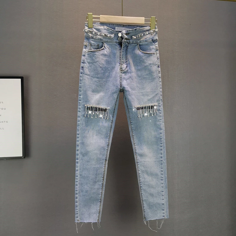 

Tight Stretch Jeans for Women Summer New Elastic Slim High Waist Rhinestone Tassel Holes Jeans Female Thin Denim Pants Jean