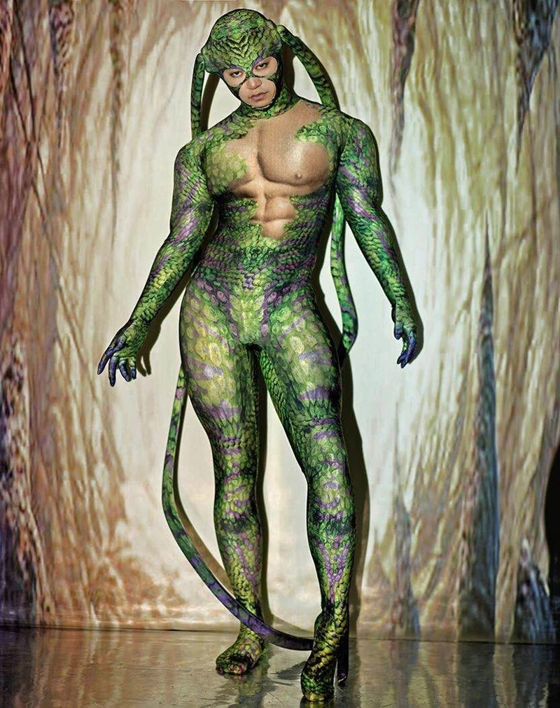 Halloween Rave Party Role-playing Stage Clothes Green bodysuit snake Spandex Stretch Skinny Jumpsuit Men Women Cosplay Costume