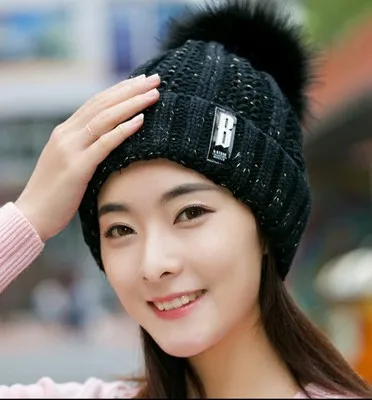 Теплая зимняя вязаная шапка skullies beanies, женская брендовая Высококачественная зимняя женская Лыжная шерстяная меховая шапка с помпонами, вязаный шарф - Цвет: black Hat