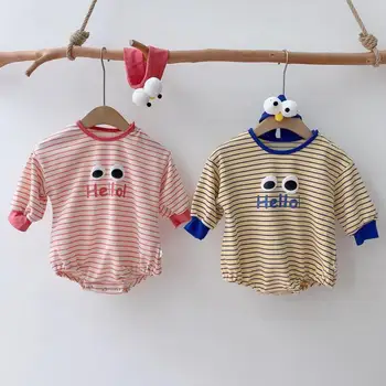 

Newborn Baby Girls Bodysuit Cartoon Eye Hello Printed Baby Boys Long Sleeve Striped Jumpsuit Infant Autumn Clothes With Headband