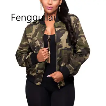 

FENGGUILAI Jacket Women Long Sleeve Camouflage Bomber Autumn Casual Coat Military Zipper Slim Cropped Coat with pockets