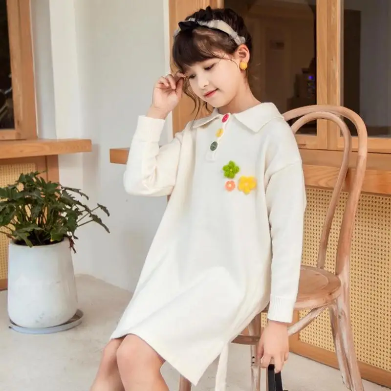 

Korean Style Knitted Dress For Girls Long Sleeve Turn Down Collar Straight Gowns Children Casual Knee Length Dresses Clothes