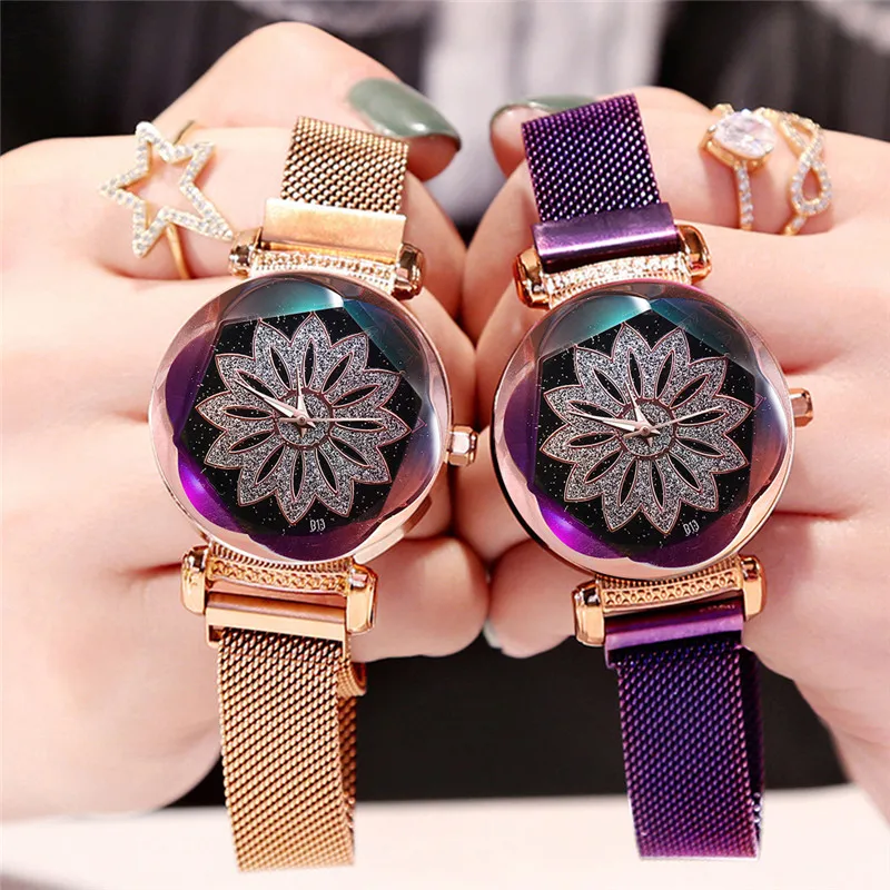 Роскошные женские часы с сетчатой магнитной пряжкой звездное небо креативные цветы цветной циферблат Дамская Мода Подарки деловые изящные часы
