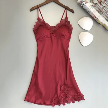 

Sexy Deep V-neck Lace Patchwork Nightdress For Women New Fashion Sleeveless Mini Sleepwear Nightgown Homewear With Padded Bra
